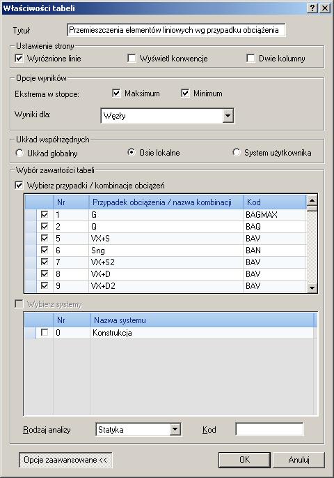 Dla kilku kategorii tabel możesz wywołać właściwości tabel, w których możesz skonfigurować dodatkowe ustawienia (przycisk lub polecenie w menu kontekstowym "Właściwości tabeli"): Dla tabel