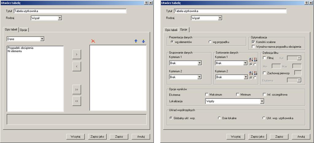C. Tworzenie własnych tabel Advance Design za pomocą narzędzi dostępnych w oknie "Generator raportów" umożliwia tworzenie tabel użytkownika, zarówno rozpoczynając od pustego dokumentu jak również