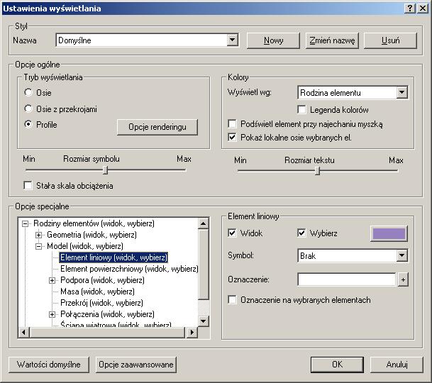 Ustawienia wyświetlania Style wyświetlania Dostęp do poleceń Menu: Widok > Ustawienia wyświetlania...; Klawiatura: naciśnij <Alt + X>.