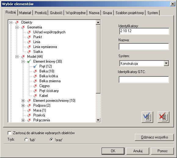 3. Wybór obiektów za pomocą okna "Wybór elementów": Otwórz okno "Wybór elementów" jak opisano na stronie 86. Wybór według kryteriów może być użyty, aby wybrać elementy modelu.