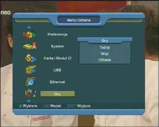 Menu Gry W menu Gry udostępnione są trzy gry: Tetris, Wąż oraz Otello. Obsługa gier: 16.1. Tetris Przesuń podświetlenie na Ustawienia i za pomocą klawiszy [ / ] wybierz poziom gry ( szybkość).