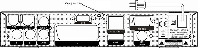 Przycisk OK: Wywołuje listę kanałów TV/Radiowych, potwierdza wybór w menu. Czujnik IR: Odbiera komendy z pilota zdalnego sterowania. Dioda zasilania: Zapala się, gdy odbiornik jest w trybie czuwania.