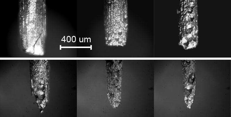 stałe napięcie międzyelektrodowe: U=5 V i U=15\ V, elektrolit: wodny r-r NaNO 3, przewodność 15\mS/cm, średnica początkowa ER: D 0 =0,4 mm, początkowa odległość od płytki: S 0 = 0,5 mm, item materiał