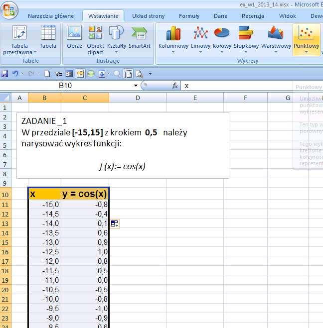 EXCEL: tworzenie WYKRESU funkcji f(x) 3.