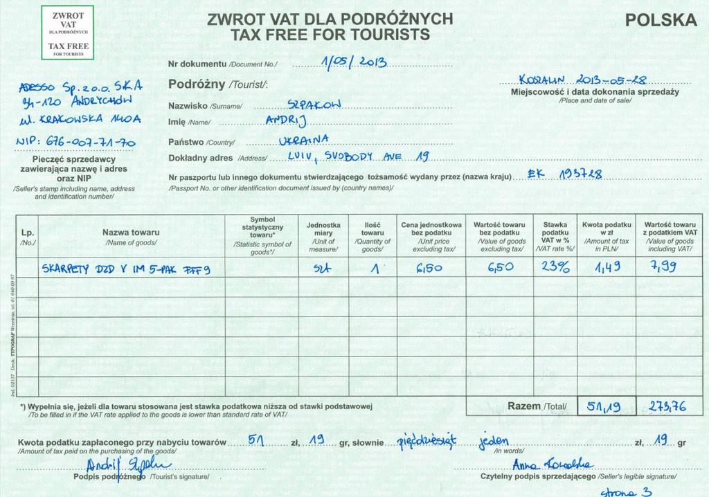 Na każdym z druków należy umieścić ten sam nr dokumentu Pozycje należy