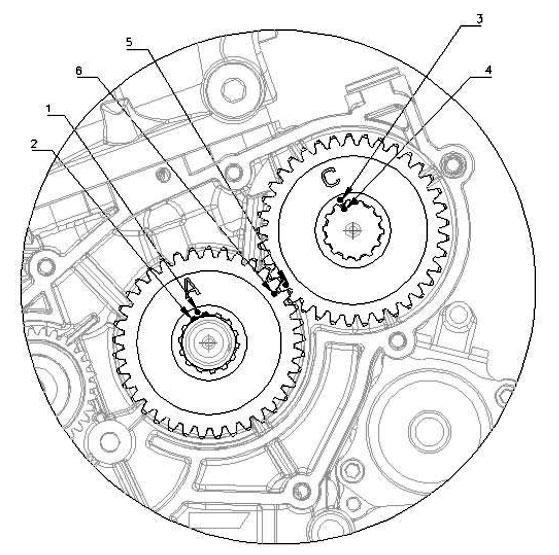 BALANCER SHAFT PHASING. IN THE DRAWING BELOW, WE SHOW YOU IN DETAILS THE ORIGINAL POSITION (TO BE RESPECTED) OF THE BALANCER SHAFT PHASING IN THE ROK ENGINE.