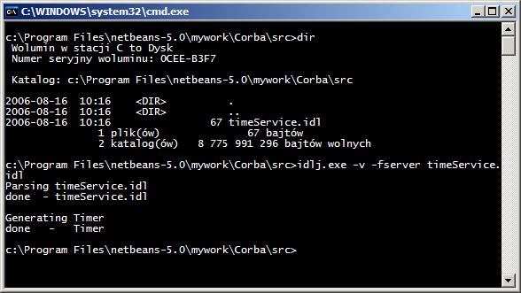 NetBeans IDE 5.0. Wykorzystaj prekompilator idlj.exe do wygenerowania plików po stronie serwera przez wydanie komendy c:\> idlj.exe v fserver timeservice.idl 7.