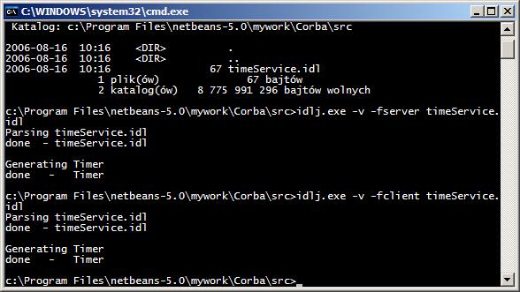 10. Dostęp do obiektu usługodawcy wymaga wygenerowania odpowiednich pniaków i klas pomocniczych. Wróć do okna MS-DOS i wydaj komendę c:\> idlj.exe v fclient timeservice.idl 11.