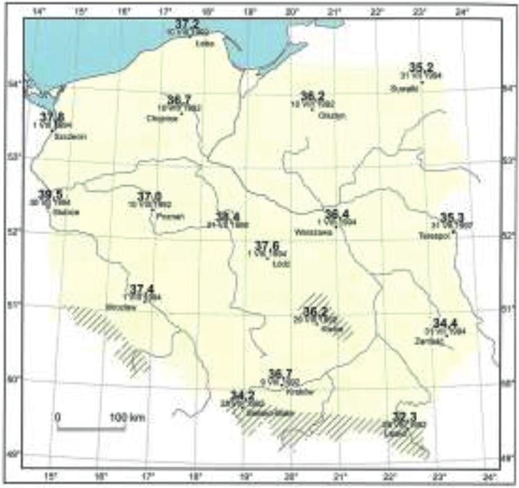 Rys. 2. Rozkład średniej temperatury powietrza w zimie w C. Dane za lata 1971 2000 [4] Rys. 4. Liczba dni bardzo mroźnych (Tmax 10 C). Dane za lata 1971 2000 [4] Rys. 5.