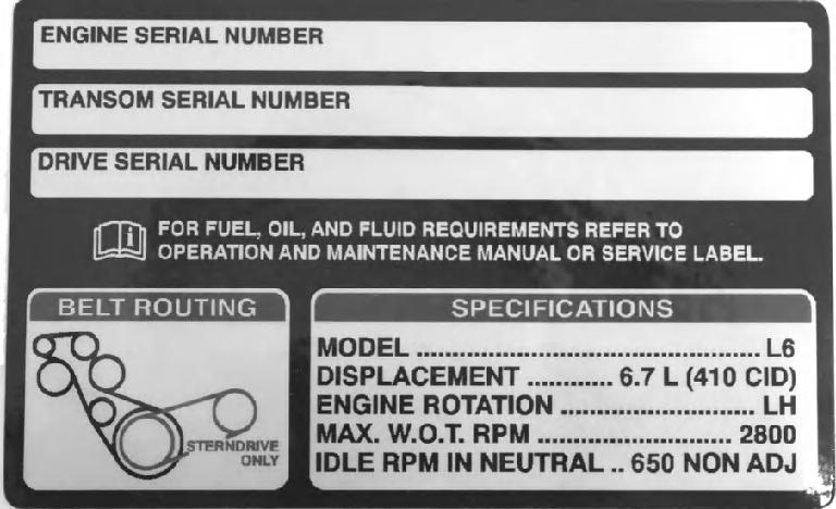 Rozdział 2 - Budowa zespołu silnikowego Identyfikacja Numery seryjne są kluczami producenta, które zawierają informacje o szczegółach konstrukcyjnych jednostki napędowej Mercury Diesel.