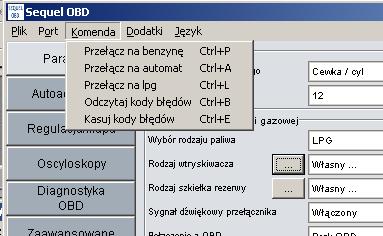 Komendy Widok menu komend 1. Zmiana zasilania po wybraniu opcji benzyna/automat/lpg (trzy pierwsze punkty menu). Zmiany zasilania można też dokonywać naciskając spację. 2.