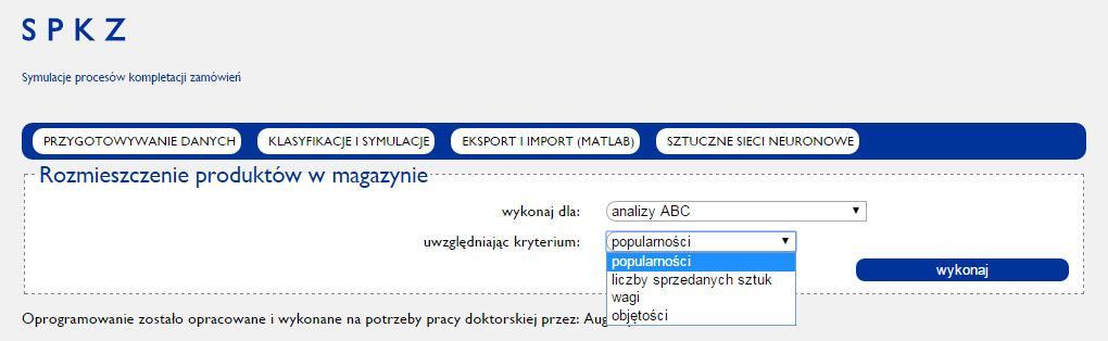 Rys. z.4 Zrzut ekranu dla modułu klasyfikacji i symulacji rozmieszczenie produktów w magazynie Źródło: opracowanie własne Ostatnią opcją tego modułu jest wykonanie symulacji kompletacji list zamówień.