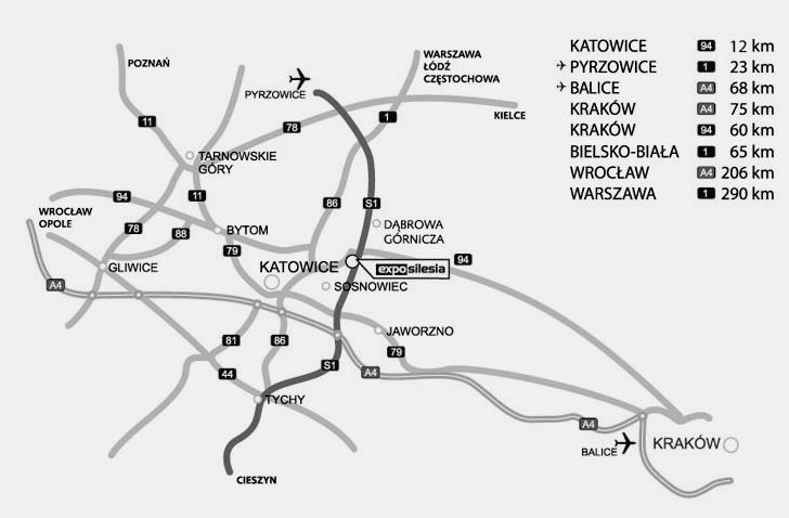 DOJAZDY: Dojazd do Centrum Wystawienniczego EXPO Silesia w Sosnowcu: - z centrum Katowic: autobusy z ul. Piotra Skargi nr: 808, 811, (ok. 30-40 minut jazdy).