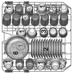Standardowy załadunek i wyniki badań ZAŁADUNEK ZMYWARKI NACZYNIAMI Pojemność: Kosz górny i dolny: 14 nakryć stołowych.