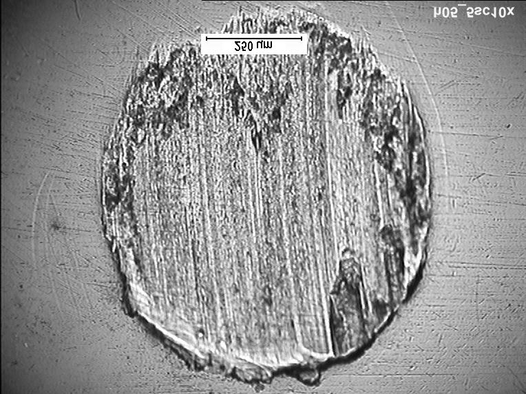 Stanowi¹ je ciemne smugi, uk³adaj¹ce siê zgodnie z kierunkiem tarcia, przy czym s¹ one bardziej intensywne w strefie wejœciowej styku. Wyrazistoœæ œladów roœnie wraz ze wzrostem stê enia dodatku.