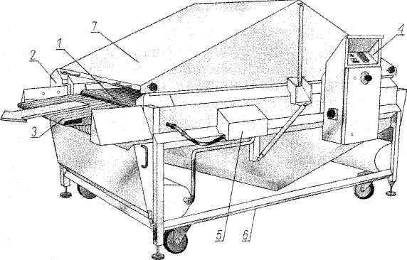 1 - taśma listwowa, 2 - napęd taśmy, 3 - transporter wylotowy, 4 - tablica kontrolna, 5