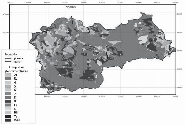 Legenda: 2z użytki zielone średnie (medium quality grasslands), 3z użytki zielone słabe i bardzo słabe (bad and very bad grasslands), 4 kompleks żytni bardzo dobry (soils very suitable for rye), 5