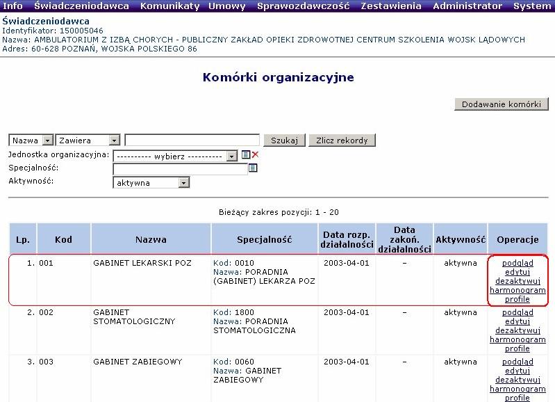 Operacje dostępne dla wprowadzonych komórek organizacyjnych Po zatwierdzeniu wracamy do widoku listy komórek organizacyjnych Podgląd możemy przeglądać wprowadzone dane Edytuj możemy zmieniać