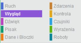 Podczas lekcji będziemy korzystać z najstępujących kategorii bloków: Zdarzenia, Kontrola, Wyrażenia, Roboty.