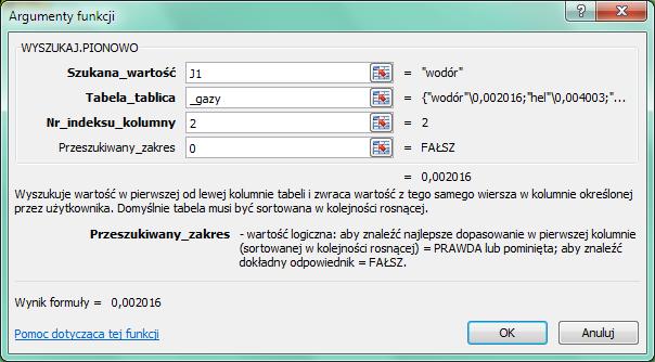 Rysunek 20. Formuła w komórce I2 (okno funkcji WYSZUKAJ.PIONOWO) 22. Spójrz na swój Pasek formuły i sprawdź czy formuła, którą wpisałeś, jest prawidłowa (rys. 21). Jeśli tak, zatwierdź formułę.