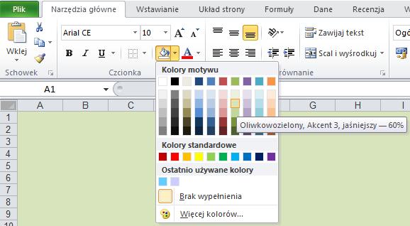 Rysunek 6. Zmiana tła komórek w arkuszu wykres 2. Do komórki A1 w arkuszu wykres wpisz tekst Rozkład Maxwella prędkości cząsteczek.