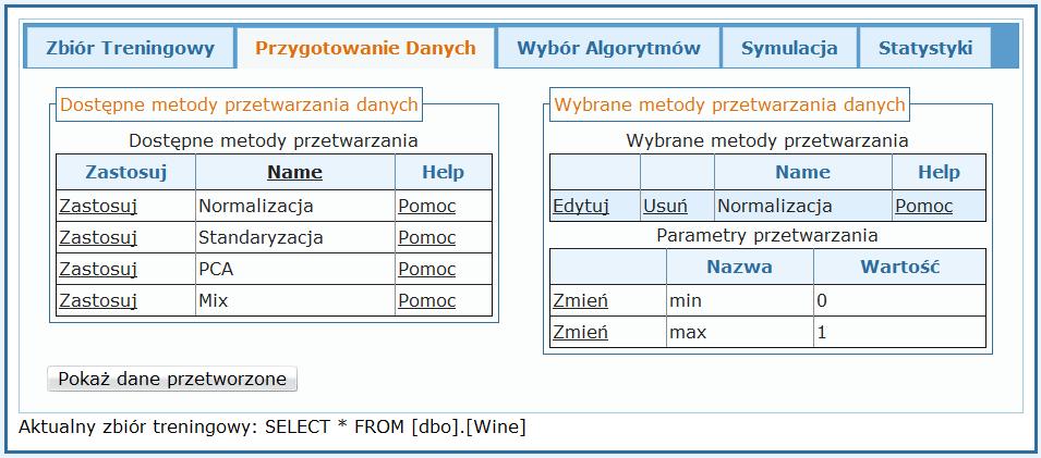 5.5. Prezentacja aplikacji 65 Rysunek 5.2: Aplikacja - wybór metod przetwarzania danych Rysunek 5.3: Aplikacja - wybór algorytmów Kolejne poziomy szczegółowości statystyk oznaczają: 1.