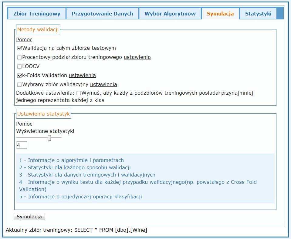 5.5. Prezentacja aplikacji 66 informacje o klasyfikatorze, macierz niepewności, wskaźniki jakości i efektywności działania dla klasyfikatora i inne. 5.