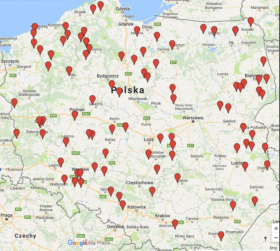 Fig. 1. Location of agricultural biogas plants in Poland Source: own elaboration based on information from the Agricultural Property Agency, retrieved on 17 November 2016 Rys. 1. Rozmieszczenie biogazowni rolniczych w Polsce Źródło: opracowanie własne na podstawie danych ARR na dzień 17.