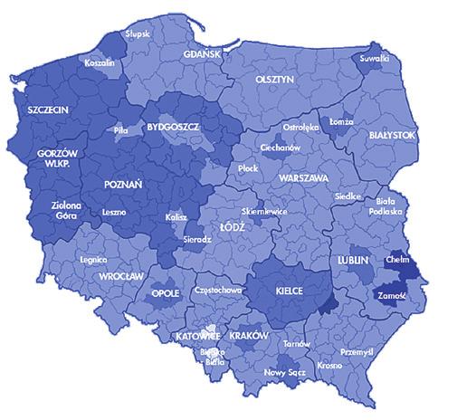 Średnia twardość węglanowa wody w województwach oraz wybranych miastach* Oznaczenia twardości wody: powyżej 21 o dh 15-21 o dh 8-14 o dh 3-7 o dh o dh = wg stopni niemieckich Źródło: GIS, dane 2012 *