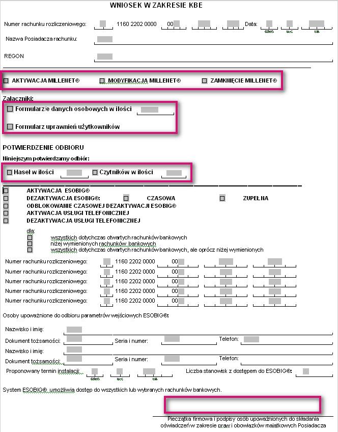 WNIOSEK W ZKRESIE KBE W nagłówku prosimy o wskazanie głównego rachunku rozliczeniowego, nazwy posiadacza rachunku oraz numer regon.