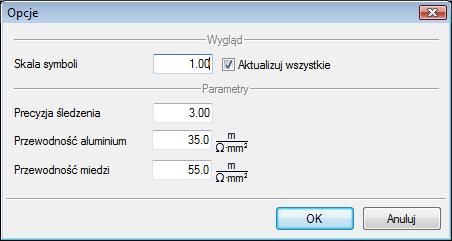 Rys. 2. Okno opcji programu Za pomocą okna Opcje użytkownik ma możliwość wprowadzenia własnej skali dla wszystkich obiektów udostępnionych przez program ArCADia - TABLICE ROZDZIELCZE.