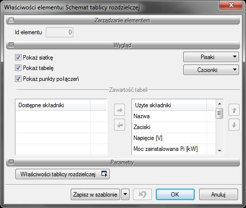 4.2 OPIS OBIEKTÓW 4.2.1 Schemat tablicy rozdzielczej Poprzez dwuklik lub zaznaczenia schematu i przejście do dialogu własności pojawia się okno : Rys.