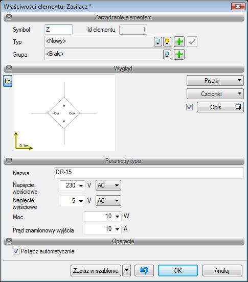 Rys. 19. Okno własności zasilacza. W pierwszej kolejności w polach edycyjnych określamy tzn. nadajemy symbol zasilacza i tworzymy bazę typów zasilaczy.