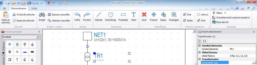 Aktywuje się okno bazy danych z transformatorami (patrz rozdz. 10.1). Rozwiń gałąź (kliknij znak + lub kliknij dwukrotnie na gałąź) "Transformatory SGB"; "Transformatory SGB, olejowe"; "22 kv".