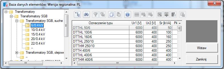 Uwagi: Po stronie SN transformatora może być podłączona albo sieć zasilająca, albo kabel (elementy SN nie są zawarte w bazach danych) Po stronie nn transformatora może być podłączony tylko kabel albo