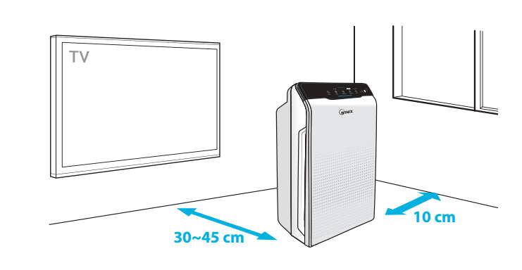 GDZIE UŻYWAĆ Ustaw oczyszczacz w odległości 30-45 cm od: telewizora, radia i innych urządzeń elektronicznych Wytwarzane przez nie pole elektromagnetyczne spowodować nieprawidłowe działanie urządzenia.