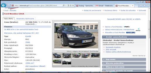 Stron2 otomoto.pl. Rysunek 1 przedstwi wygląd przykłdowej oferty wyświetlonej w przeglądrce internetowej. Rysunek 1. Przykłdow ofert sprzedży smochodu używnego w serwisie otomoto.