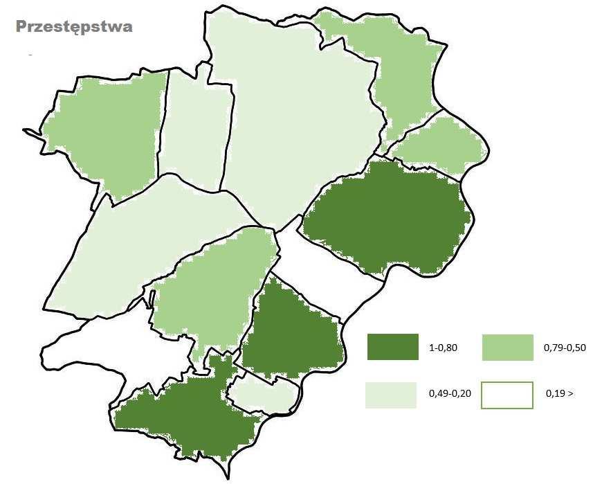 Największą liczbę przestępstw w przeliczeniu na 100 mieszkańców odnotowano na terenie sołectwa Straszęcin, Żyraków i Bobrowa.