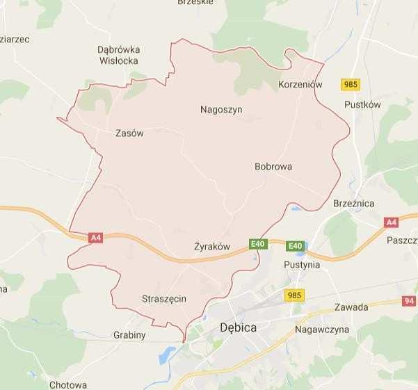 Rysunek 2. Granice administracyjne gminy Żyraków. Źródło:www.google.pl/maps Gmina Żyraków od północy sąsiaduje z Gminą Radomyśl Wielki i Przecław, które należą do powiatu mieleckiego.