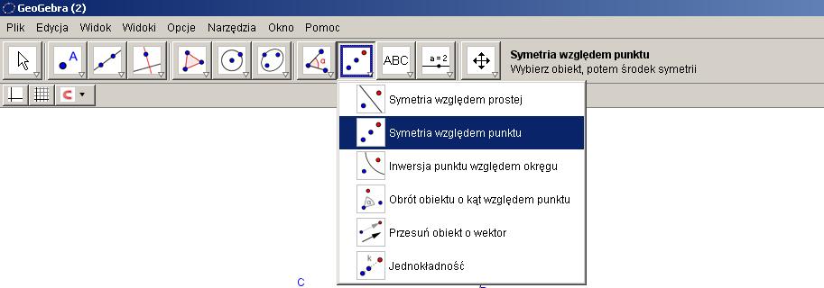 ETAP 3 realizacja tematu, rozwiązywanie zadań utrwalających Nauczyciel przypomina jak w programie Geogebra umieszcza się punkty symetryczne względem prostej, a jak punkty symetryczne względem punktu