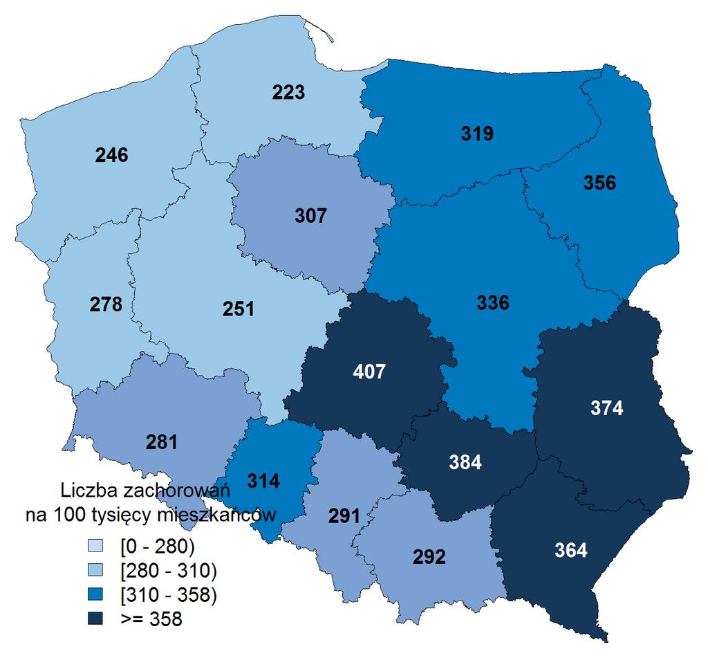 Niewydolność serca (I50) Współczynnik zapadalności (liczba nowych przypadków na 100 tys. ludności) w Polsce w 2013 roku średnio wyniósł 310,4.