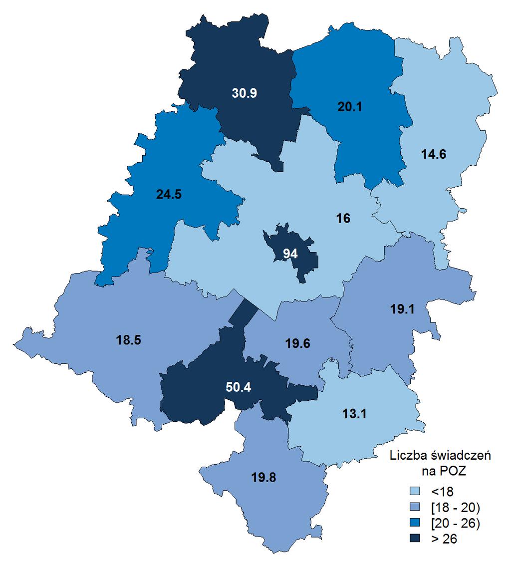 Liczba świadczeń w przeliczeniu na jeden podmiot świadczący usługi podstawowej opieki zdrowotnej w pozostałych powiatach województwa opolskiego jest zróżnicowana i waha się w przedziale od 13 do 51