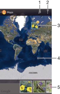 Omówienie kafelka Mapy 1 Wyszukiwanie lokalizacji na mapie. 2 Wyświetlanie opcji menu. 3 Grupa zdjęć i/lub nagrań wideo oznaczonych geotagiem tej samej lokalizacji.