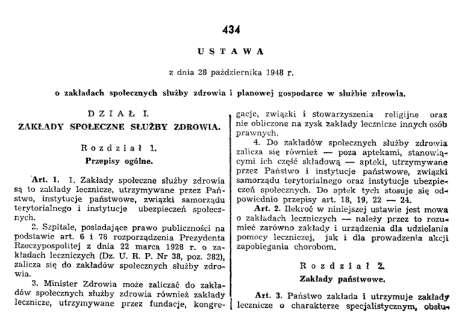 Podstawą tych działań były przepisy ustawy z dnia 28 października 1948 roku o zakładach społecznych służby zdrowia i planowanej gospodarce w służbie zdrowia (Dz. U. 1948 Nr 55, poz. 434).