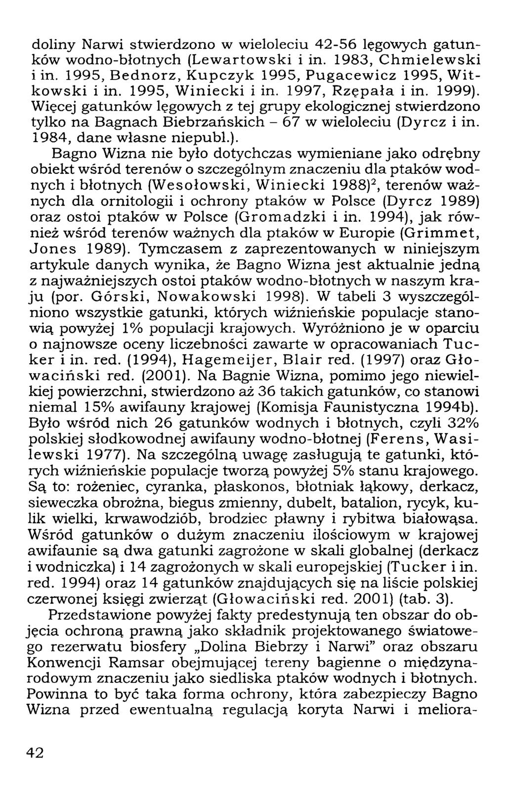 doliny Narwi stwierdzono w wieloleciu 42-56 lęgowych gatunków wodno-błotnych (Lewartowski i in. 1983, Chmielewski i in. 1995, Bednorz, Kupczyk 1995, Pugacewicz 1995, Witkowski i in.