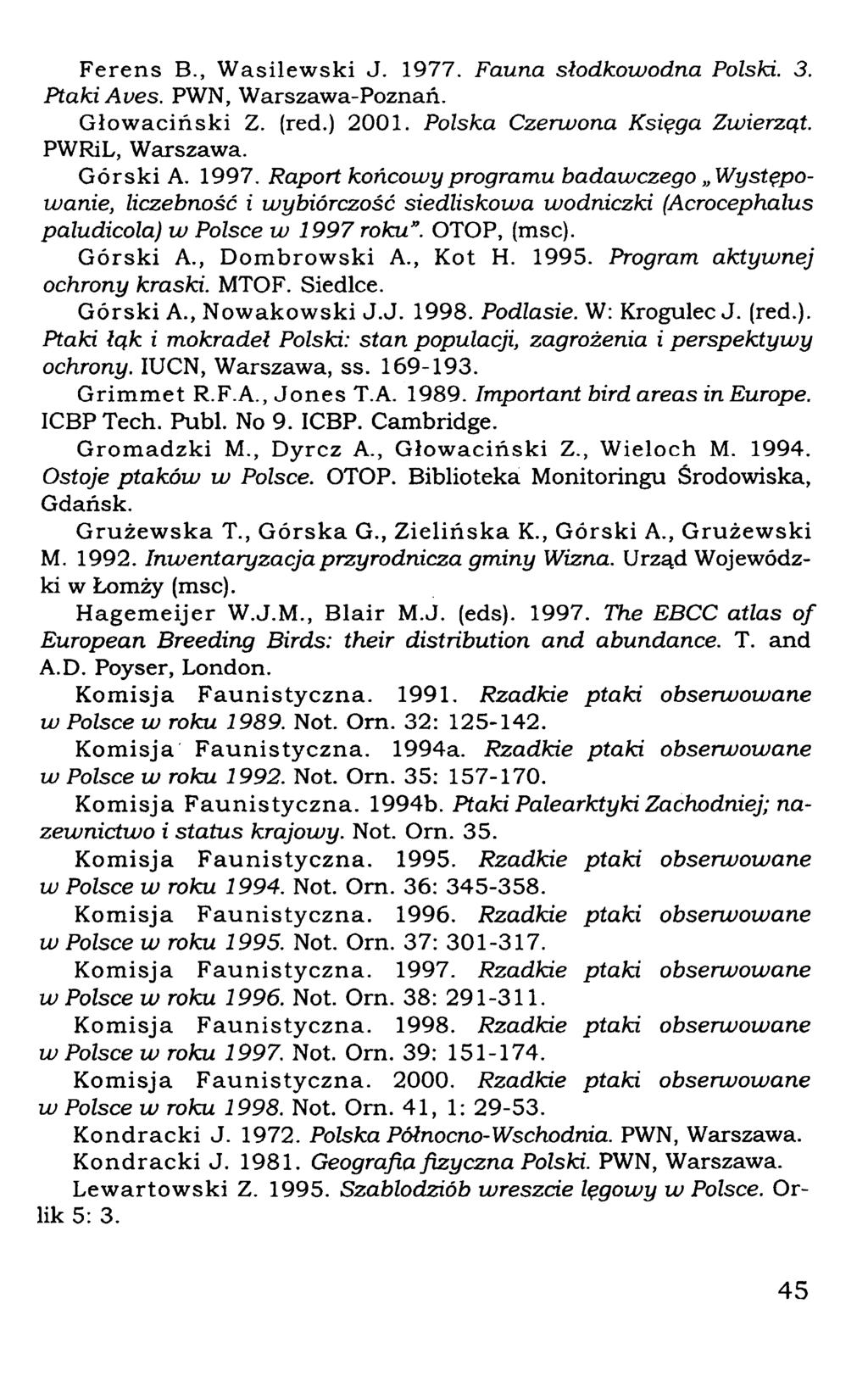 Ferens B., Wasilewski J. 1977. Fauna słodkowodna Polski. 3. Ptaki Aves. PWN, Warszawa-Poznań. Głowaciński Z. (red.) 2001. Polska Czerwona Księga Zwierząt. PWRiL, Warszawa. Górski A. 1997.