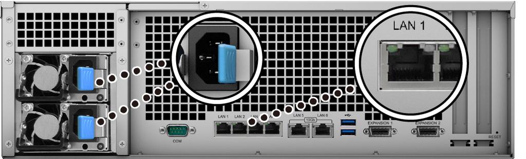 Uruchamianie serwera RackStation 1 Podłącz koniec każdego kabla zasilania do gniazd zasilania z tyłu serwera RackStation, a