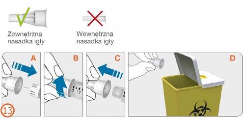 Uwaga: Po każdym użyciu należy zawsze usunąć igłę. Igły są przeznaczone wyłącznie do jednorazowego użytku. Nie przechowywać wstrzykiwacza z założoną igłą. Nakładanie nasadki wstrzykiwacza - (Krok 14).