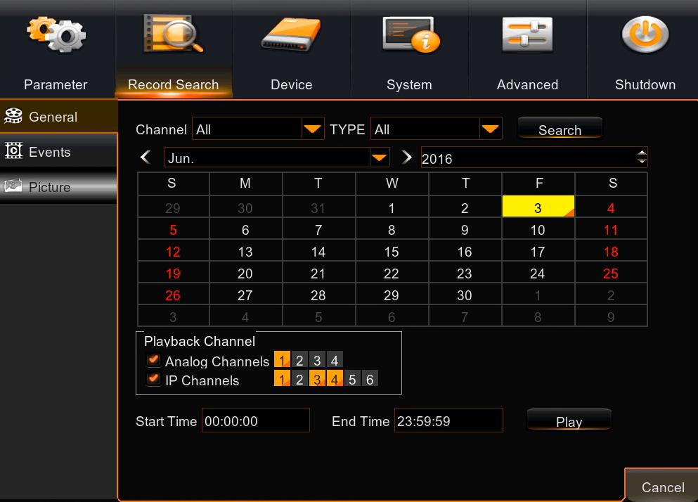 NHDR-4M5308AHD User's manual (short) ver. 1.0 DVR INTERFACE 4.9. Playback recorded video Users who have the appropriate permission can playback recorded videos.