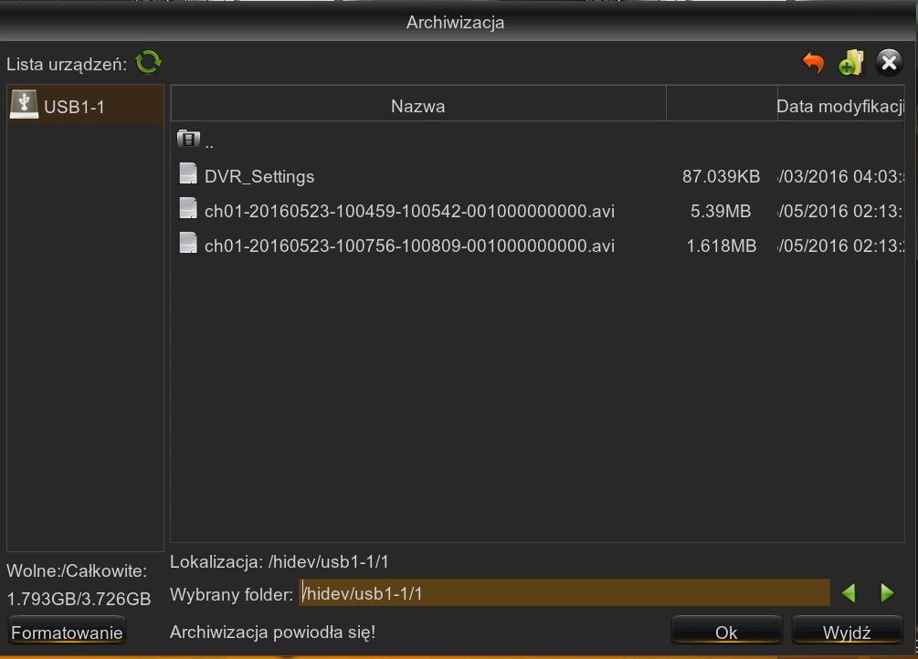Następnie proszę wskazać miejsce na grafie odpowiadające końcowi nagrań i ponownie nacisnąć przycisk Zostanie wyświetlone okno archiwizacji, w którym należy wybrać nośnik, ścieżkę zapisu i